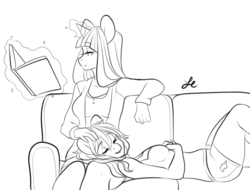Size: 658x500 | Tagged: safe, artist:lolopan, rainbow dash, twilight sparkle, anthro, g4, couch, female, lesbian, lineart, monochrome, reading, ship:twidash, shipping