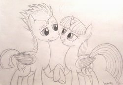 Size: 1076x742 | Tagged: safe, artist:thefriendlyelephant, flash sentry, twilight sparkle, alicorn, pegasus, pony, g4, female, heart, love, male, monochrome, ship:flashlight, shipping, sketch, straight, traditional art, twilight sparkle (alicorn)