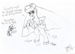 Size: 1048x762 | Tagged: safe, artist:mysterimaan, derpy hooves, scootaloo, pegasus, pony, g4, female, hang gliding, mailpony, mare, monochrome