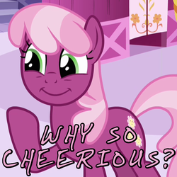 Size: 600x600 | Tagged: safe, screencap, cheerilee, g4, hearts and hooves day (episode), caption, cheerious, female, hearts and hooves day, image macro, meme, pun, reaction image, smiling, solo, why so serious?