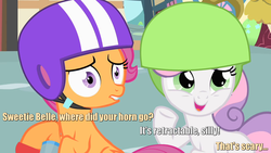 Size: 1280x720 | Tagged: safe, screencap, scootaloo, sweetie belle, g4, caption, confused, disturbed, helmet, image macro