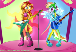 Size: 3000x2060 | Tagged: safe, artist:vixelzf, rainbow dash, sunset shimmer, equestria girls, g4, my little pony equestria girls: rainbow rocks, alternate clothes, blushing, clothes, guitar, high res, microphone, ponied up, pony ears, shine like rainbows, skirt, sleeveless, wings