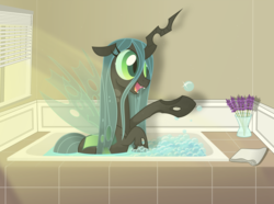 Size: 7400x5496 | Tagged: dead source, safe, artist:farminilla, queen chrysalis, changeling, changeling queen, g4, absurd resolution, bath, bathtub, bubble, cute, cutealis, female, flower, solo