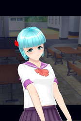 Size: 723x1080 | Tagged: safe, artist:nsfwdogs, coco pommel, human, g4, 3d, artificial academy 2, bench, blushing, bowtie, clothes, column, fence, humanized, looking at you, path, sailor uniform, school, school uniform, schoolgirl, sett street, shirt, skirt, table, window