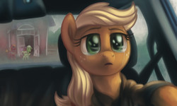 Size: 2000x1200 | Tagged: safe, artist:verulence, apple bloom, applejack, big macintosh, granny smith, earth pony, pony, g4, car, crying, driving, hatless, interstellar, male, missing accessory, newbie artist training grounds, separation, stallion, teary eyes