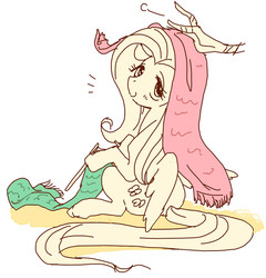 Size: 634x661 | Tagged: safe, artist:pasikon, discord, fluttershy, g4, clothes, female, knitting, male, offscreen character, scarf, ship:discoshy, shipping, solo focus, straight