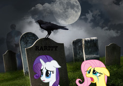 Size: 711x498 | Tagged: safe, fluttershy, rarity, g4, 1000 hours in gimp, 2spooky, crying, gravestone, graveyard, implied death