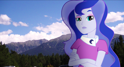 Size: 1840x1000 | Tagged: safe, artist:nero-narmeril, princess luna, vice principal luna, equestria girls, g4, blue sky, cloud, crossed arms, equestria girls in real life, irl, mountain, photo, solo, tree, vector