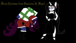 Size: 1920x1080 | Tagged: safe, artist:thelordofdust, oc, oc only, oc:maneia, oc:nocturna, unicorn, anthro, belt, boots, choker, christmas, clothes, dress, female, hand on hip, hat, holiday, human facial structure, megalomaneia, obsession is magic, present, santa costume, santa hat, smiling