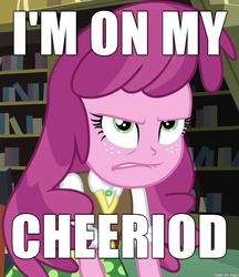 Size: 599x694 | Tagged: safe, edit, screencap, cheerilee, equestria girls, g4, angry, caption, cheerilee is not amused, female, frown, glare, image macro, lip bite, meme, menstruation, pun, solo
