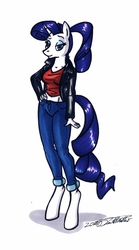 Size: 1804x3246 | Tagged: safe, artist:sketchywolf-13, rarity, anthro, g4, alternate hairstyle, belly button, clothes, female, jacket, jeans, midriff, solo, tank top, traditional art