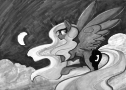 Size: 1400x1001 | Tagged: safe, artist:darkflame75, princess luna, lunadoodle, g4, female, grayscale, monochrome, solo