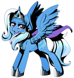 Size: 1600x1679 | Tagged: safe, artist:linamomoko, trixie, alicorn, pony, g4, female, jewelry, looking at you, open mouth, race swap, simple background, smiling, solo, spread wings, transparent background, trixiecorn, vector