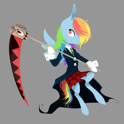 Size: 1024x1024 | Tagged: safe, artist:katemaximova, rainbow dash, g4, clothes, cosplay, crossover, female, looking at you, maka albarn, scythe, simple background, skirt, solo, soul eater
