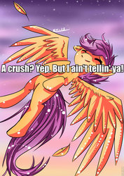 Size: 679x960 | Tagged: safe, artist:scootaloocuteness, scootaloo, ask orphan scootaloo, g4, ask, cute, eyes closed, feather, female, flying, scootaloo can fly, smiling, solo, spread wings, tumblr