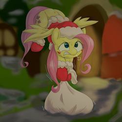 Size: 2000x2000 | Tagged: safe, artist:ushiro no kukan, fluttershy, g4, angry, clothes, female, high res, lifting, pixiv, santa costume, solo