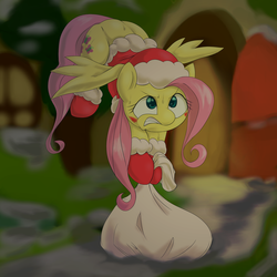 Size: 2000x2000 | Tagged: safe, artist:ushiro no kukan, fluttershy, g4, angry, clothes, female, high res, pixiv, santa costume, solo