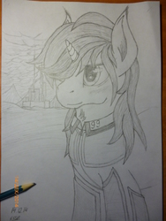 Size: 3240x4320 | Tagged: safe, artist:koshakevich, oc, oc only, oc:blackjack, pony, unicorn, fallout equestria, fallout equestria: project horizons, armor, black and white, clothes, fanfic, fanfic art, female, grayscale, horn, jumpsuit, mare, monochrome, security armor, sketch, solo, traditional art, vault security armor, vault suit