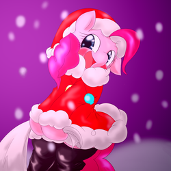 Size: 1000x1000 | Tagged: safe, artist:ushiro no kukan, pinkie pie, earth pony, pony, g4, bipedal, clothes, cute, diapinkes, female, happy, mare, pixiv, santa costume, snow, solo