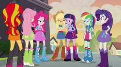 Size: 1280x714 | Tagged: safe, screencap, applejack, fluttershy, pinkie pie, rainbow dash, rarity, sunset shimmer, twilight sparkle, human, equestria girls, g4, my little pony equestria girls: rainbow rocks, balloon, boots, clothes, female, high heel boots, humane five, humane seven, humane six, jewelry, legs, lidded eyes, skirt, twilight sparkle (alicorn)