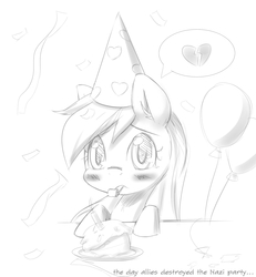 Size: 1140x1232 | Tagged: safe, artist:randy, oc, oc only, oc:aryanne, balloon, birthday party, black and white, cake, candle, confetti, female, filly, grayscale, hat, heart, heartbreak, kazoo, metaphor, monochrome, musical instrument, outline, party, party hat, party pooper, sad, solo, unhappy