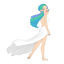Size: 4454x4472 | Tagged: safe, artist:carnifex, princess celestia, human, g4, absurd resolution, back, barefoot, bedroom eyes, clothes, dress, feet, female, humanized, lipstick, looking at you, looking back, open-back dress, simple background, smiling, solo, transparent background, walking