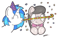 Size: 2005x1282 | Tagged: safe, artist:bobthedalek, dj pon-3, octavia melody, vinyl scratch, earth pony, pony, unicorn, g4, confetti, duo, hat, party hat, party horn, surprised, traditional art