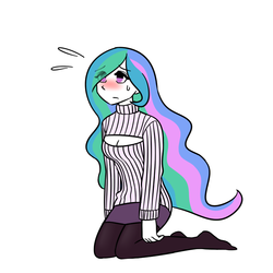 Size: 800x800 | Tagged: safe, artist:cupcookie, princess celestia, human, g4, blushing, boob window, clothes, female, humanized, keyhole turtleneck, missing shoes, open-chest sweater, pantyhose, pixiv, skirt, solo, sweater, turtleneck