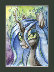 Size: 905x1200 | Tagged: safe, artist:lexx2dot0, queen chrysalis, changeling, changeling queen, g4, crown, female, jewelry, portrait, regalia, solo, traditional art, watercolor painting