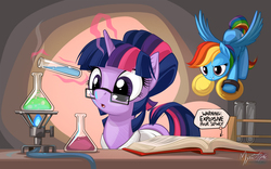 Size: 2560x1600 | Tagged: safe, artist:mysticalpha, rainbow dash, twilight sparkle, pegasus, pony, unicorn, g4, :o, alternate hairstyle, beaker, book, bottle, bunsen burner, chemistry, clothes, cymbals, duo, erlenmeyer flask, female, glass, glasses, glowing, glowing horn, horn, imminent death, incoming prank, levitation, magic, magic aura, mare, musical instrument, prank, science, signature, telekinesis, test tube, this will end in explosions, this will end in tears, this will end in tears and/or death, this will not end well, wallpaper