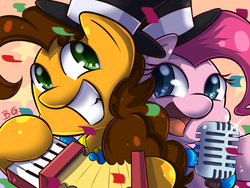 Size: 1024x768 | Tagged: safe, artist:tikrs007, cheese sandwich, pinkie pie, earth pony, pony, g4, accordion, confetti, female, hat, male, mare, microphone, musical instrument, singing, stallion, top hat