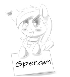 Size: 1698x1873 | Tagged: safe, artist:randy, oc, oc only, oc:aryanne, black and white, charity, collar, cute, donation, german, grayscale, heart, money, monochrome, necklace, outline, pet, sign, solo, tongue out, wood