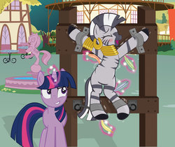 Size: 1024x862 | Tagged: safe, artist:radiantrealm, twilight sparkle, zecora, pony, unicorn, zebra, g4, blushing, bondage, bondage furniture, female, hoof tickling, laughing, magic, mare, show accurate, spread eagle, suspended, tickle torture, tickling, unicorn twilight