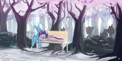 Size: 1280x640 | Tagged: safe, artist:tivy, trixie, twilight sparkle, alicorn, pony, g4, bench, blushing, female, lesbian, mare, ship:twixie, shipping, snow, twilight sparkle (alicorn), winter