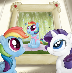 Size: 1800x1847 | Tagged: safe, artist:smudge proof, rainbow dash, rarity, firefly (insect), insect, pegasus, pony, unicorn, g4, canopy, commission, cover, cute, duo, foal, illustration, painting, younger