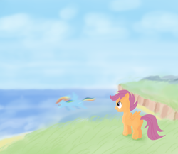 Size: 2037x1767 | Tagged: safe, artist:handyj443, rainbow dash, scootaloo, pegasus, pony, g4, blank flank, female, filly, flying, foal, mare, motion blur, open mouth