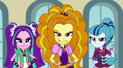 Size: 1280x714 | Tagged: safe, screencap, adagio dazzle, aria blaze, sonata dusk, equestria girls, g4, my little pony equestria girls: rainbow rocks, gritted teeth, lidded eyes, looking at you, smiling, smirk, the dazzlings