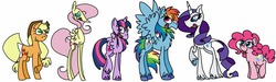 Size: 1990x600 | Tagged: safe, artist:colorfulwonders, applejack, fluttershy, pinkie pie, rainbow dash, rarity, twilight sparkle, alicorn, classical unicorn, pony, g4, cute, diverse body types, female, height difference, horn, leonine tail, line-up, mane six, mare, physique difference, size chart, tallerdash, tongue out, twilight sparkle (alicorn), unshorn fetlocks