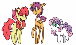 Size: 952x572 | Tagged: safe, artist:colorfulwonders, apple bloom, scootaloo, sweetie belle, g4, c:, cute, cutie mark crusaders, diverse body types, eyes closed, open mouth, raised hoof, size chart, smiling
