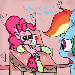 Size: 708x701 | Tagged: safe, artist:mr-degration, pinkie pie, rainbow dash, earth pony, pony, g4, bed, blushing, clothes, female, lesbian, mare, nervous, ship:pinkiedash, shipping, smiling, socks, striped socks, tongue out