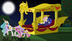 Size: 6000x3400 | Tagged: safe, artist:magister39, fluttershy, princess cadance, princess celestia, princess luna, pony, vampire fruit bat, g4, absurd resolution, badass, bed, canopy bed, female, flutterbadass, flutterbat, lesbian, mind control, moon, night, ship:lunashy, swirly eyes, vector