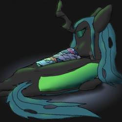 Size: 900x900 | Tagged: safe, artist:firefanatic, queen chrysalis, rainbow dash, twilight sparkle, changeling, changeling queen, pony, g4, chrysalispred, female, fetish, nuzzling, preydash, preylight, sleeping, transparent flesh, vore