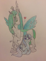 Size: 960x1280 | Tagged: safe, artist:buttermilk-spirit, queen chrysalis, trixie, pony, unicorn, g4, female, heart, lesbian, mare, shipping, traditional art