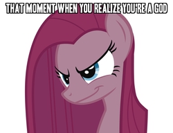 Size: 1024x787 | Tagged: safe, pinkie pie, g4, caption, evil, evil smile, god, grin, image macro, meme, pinkamena diane pie, pinkie pie is god, smiling, text