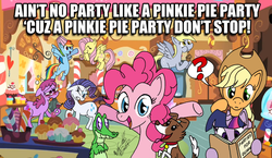 Size: 741x429 | Tagged: safe, artist:fractiouslemon, applejack, berry punch, berryshine, derpy hooves, fluttershy, gummy, pinkie pie, rainbow dash, rarity, twilight sparkle, winona, pegasus, pony, g4, alcohol, blushing, book, caption, cupcake, drink, drunk, female, for dummies, hat, lampshade, lampshade hat, mare, muffin, party, sugarcube corner, thought bubble