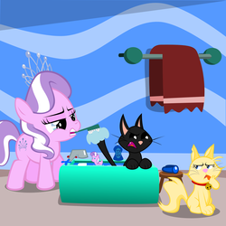 Size: 1950x1950 | Tagged: safe, artist:magerblutooth, diamond tiara, oc, oc:dazzle, oc:peal, cat, g4, bath, rubber duck, soap, water