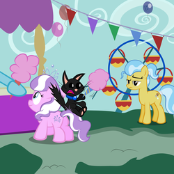 Size: 1950x1950 | Tagged: safe, artist:magerblutooth, diamond tiara, doctor fauna, oc, oc:dazzle, cat, earth pony, pony, g4, balloon, butt, carnival, caught, cotton candy, female, ferris wheel, filly, foal, food, mare, plot