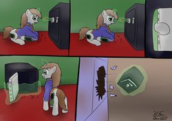 Size: 1280x903 | Tagged: safe, artist:the-furry-railfan, oc, oc only, oc:littlepip, pony, unicorn, fallout equestria, angry, bobby pin, broken glass, clothes, comic, concentrating, defenestration, empty, fanfic, fanfic art, female, glowing horn, gritted teeth, hooves, horn, jumpsuit, levitation, lockpicking, magic, mare, open mouth, pipbuck, prone, rage, safe (object), screwdriver, solo, teeth, telekinesis, throwing, vault, vault suit, window