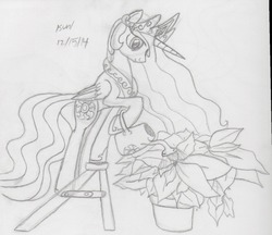 Size: 1241x1071 | Tagged: safe, artist:slash-sun-slash, princess celestia, g4, celestiadoodle, female, ladder, monochrome, solo, traditional art, watering, watering can