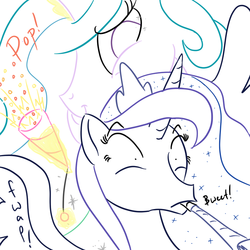 Size: 800x800 | Tagged: safe, artist:wryte, princess celestia, princess luna, g4, lineart, newbie artist training grounds, party horn, party popper, smirk, surprised, trollestia